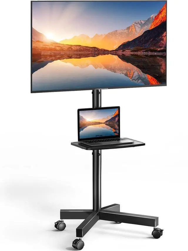 Alt view image 8 of 15 - Rolling TV Stand on Wheels for 23-60 Inch Flat Curved Screen TVs, Mobile TV Cart Holds up to 99 lbs -Portable TV Stand Adjustable Height with Shelf/Tray, Max VESA 400x400mm, PSTVMC04