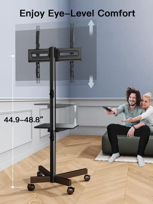 Alt view image 11 of 15 - Rolling TV Stand on Wheels for 23-60 Inch Flat Curved Screen TVs, Mobile TV Cart Holds up to 99 lbs -Portable TV Stand Adjustable Height with Shelf/Tray, Max VESA 400x400mm, PSTVMC04