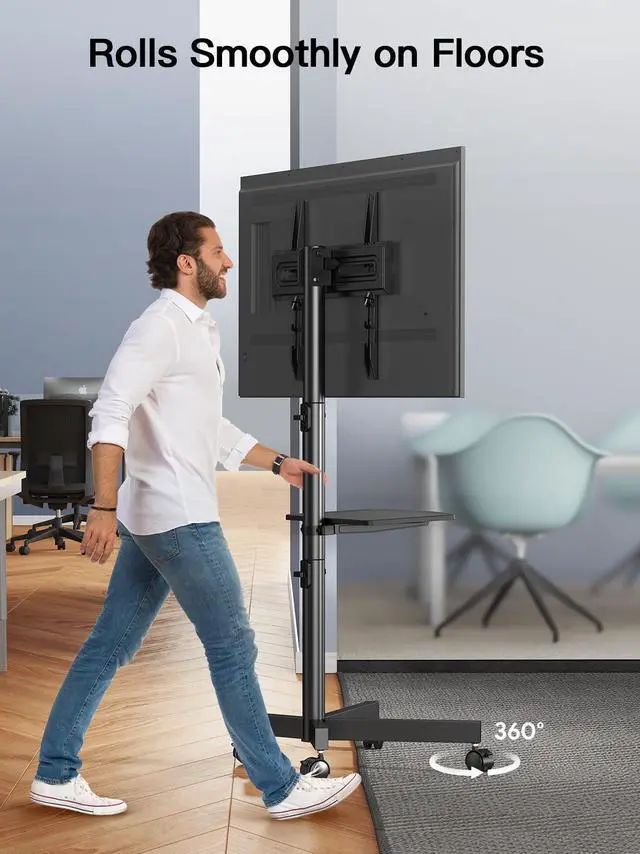 Alt view image 14 of 15 - Rolling TV Stand on Wheels for 23-60 Inch Flat Curved Screen TVs, Mobile TV Cart Holds up to 99 lbs -Portable TV Stand Adjustable Height with Shelf/Tray, Max VESA 400x400mm, PSTVMC04