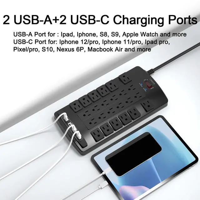 Alt view image 8 of 8 - Surge Protector Power Strip - 6Ft Flat Plug Heavy Duty Extension Cord with 24 Outlets and 4 USB Ports(2 USB-C Ports), 1875W/15A, 4100J, for Home, Office, Dorm, ETL Listed, Black