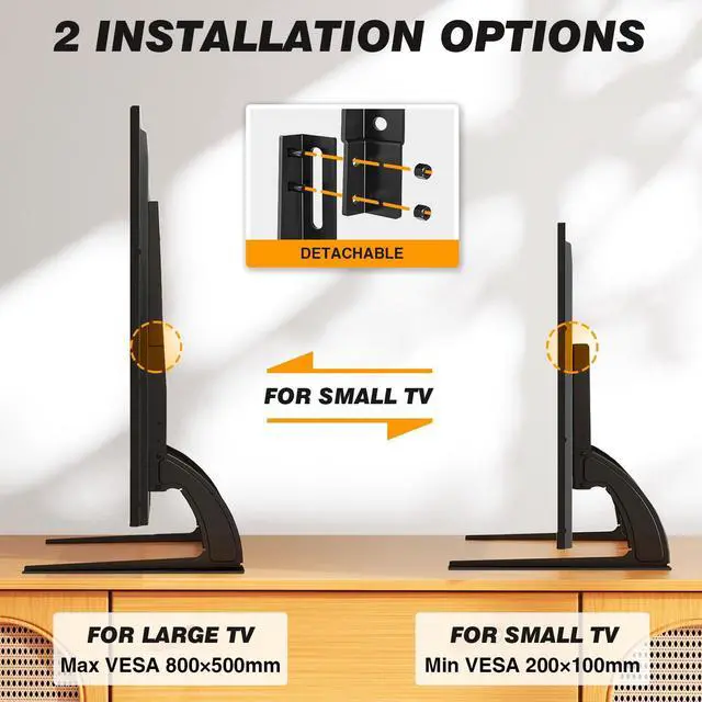 Alt view image 10 of 14 - TV Stand Mount, Universal TV Stand Tabletop for 22 to 65 inch Plasma LCD LED Flat Screen TVs, Strong TV Legs Holds up to 88lbs, Height Adjustable TV Base, Max VESA 800 x 500mm
