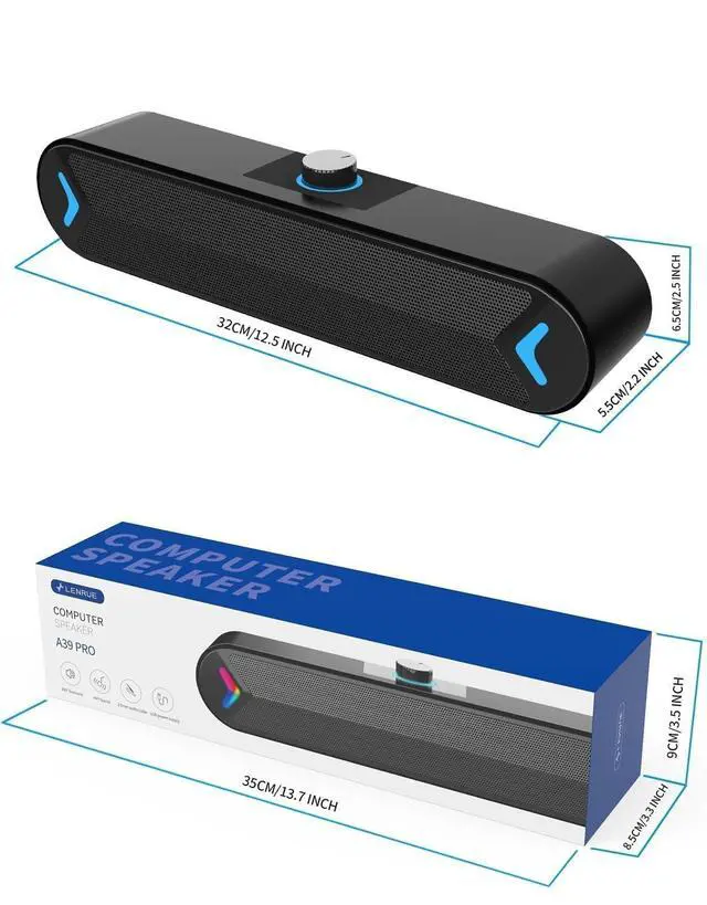 Alt view image 12 of 12 - Computer Speakers,PC Speakers for Desktop,Wired USB-Powered Sound-bar for Computer with 10W Stereo Sound and Colorful Light,Plug-n-Play (A39PRO /Black)