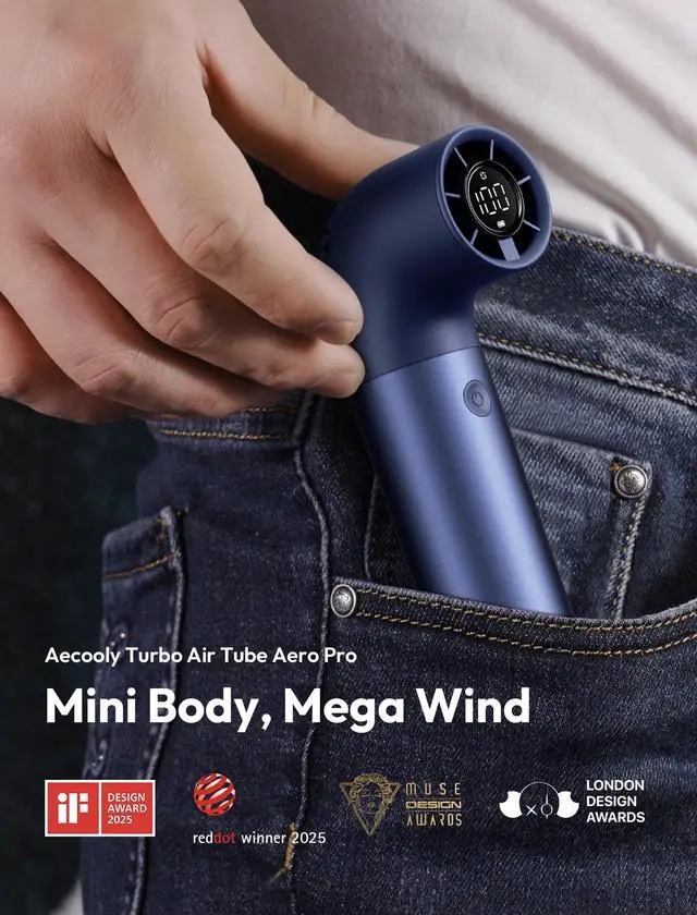 Alt view image 9 of 14 - Portable Handheld Fan, Powerful Turbo Air Tube Fan, 19000 RPM High Speed Aero Pro, 15H Max Cooling Time, 6 Speeds Aluminum Case, Mini Pocket Design, for Travel Beach Outdoor Activities -Blue