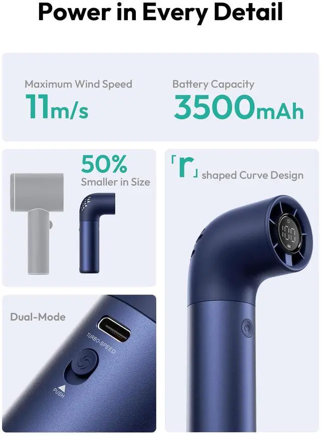 Alt view image 13 of 14 - Portable Handheld Fan, Powerful Turbo Air Tube Fan, 19000 RPM High Speed Aero Pro, 15H Max Cooling Time, 6 Speeds Aluminum Case, Mini Pocket Design, for Travel Beach Outdoor Activities -Blue