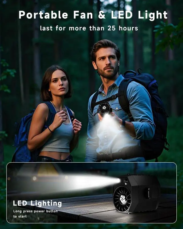 Alt view image 9 of 12 - 2026 Smart Portable Rechargeable Fan with LED Light & 25H Runtime, 4-Speed 9200RPM Turbo Cooling Personal Waist Fan, Wearable Neck & Belt Clip for Camping, Outdoor, Hiking - Black