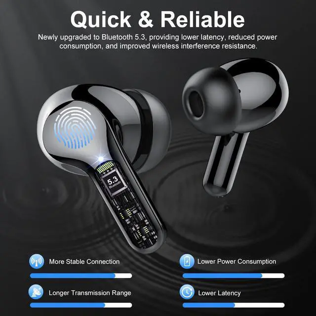 Alt view image 9 of 14 - Wireless Earbuds, Bluetooth 5.4 Headphones HiFi Stereo, Bluetooth Earbuds with ENC Noise Cancelling Mic, IP7 Waterproof in Ear Earphones, 48H, LED Display Ear buds for Pad Workout Sports, Black