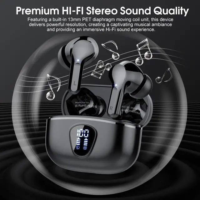Alt view image 11 of 14 - Wireless Earbuds, Bluetooth 5.4 Headphones HiFi Stereo, Bluetooth Earbuds with ENC Noise Cancelling Mic, IP7 Waterproof in Ear Earphones, 48H, LED Display Ear buds for Pad Workout Sports, Black