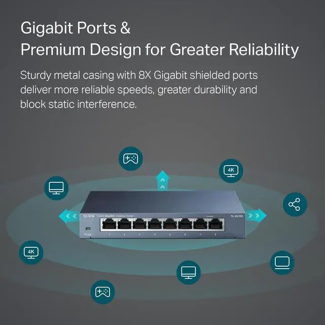 Alt view image 9 of 14 - 8 Port Gigabit Ethernet Network Switch - Ethernet Splitter | Plug & Play | Fanless | Sturdy Metal w/ Shielded Ports | Traffic Optimization | Unmanaged | Lifetime Protection (TL-SG108)