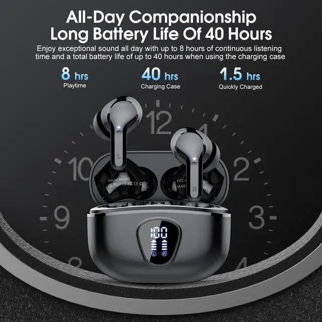 Alt view image 12 of 14 - Wireless Earbuds, Bluetooth 5.4 Headphones HiFi Stereo, Bluetooth Earbuds with ENC Noise Cancelling Mic, IP7 Waterproof in Ear Earphones, 48H, LED Display Ear buds for Pad Workout Sports, Black