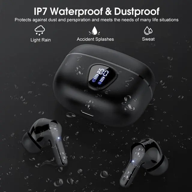 Alt view image 14 of 14 - Wireless Earbuds, Bluetooth 5.4 Headphones HiFi Stereo, Bluetooth Earbuds with ENC Noise Cancelling Mic, IP7 Waterproof in Ear Earphones, 48H, LED Display Ear buds for Pad Workout Sports, Black