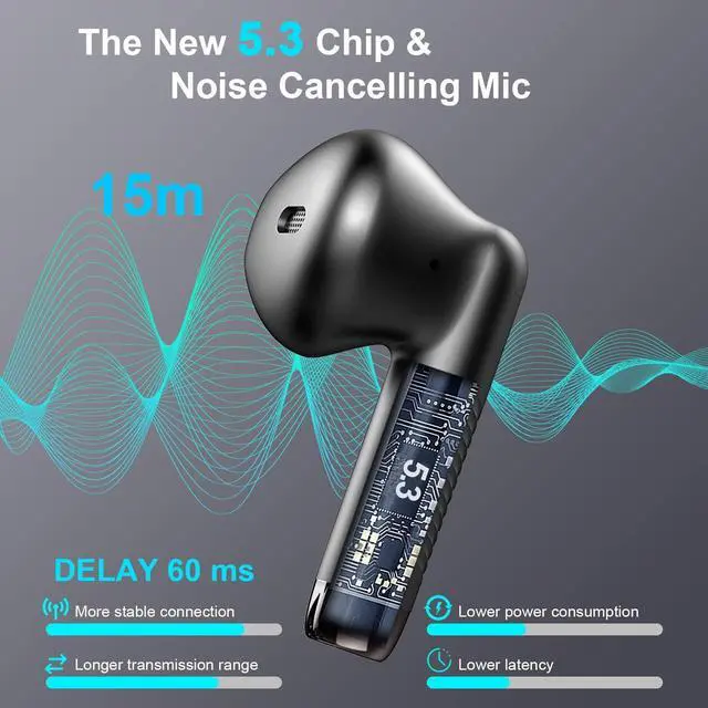 Alt view image 9 of 14 - Wireless Earbuds, Bluetooth 5.4 Earbuds Stereo Bass, Bluetooth Headphones in Ear Noise Cancelling Mic, Earphones IP7 Waterproof Sports, 32H Playtime USB C Mini Charging Case Ear Buds for Android iOS