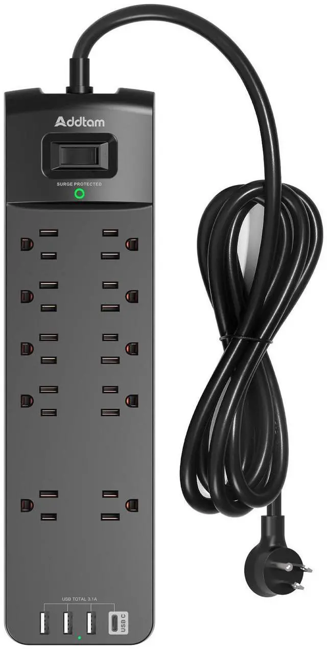 Alt view image 8 of 14 - Power Strip - Surge Protector with 10 Outlets and 4 USB Ports, 6 Feet Extension Cord with Flat Plug, 2700 Joules, ETL Listed, Black