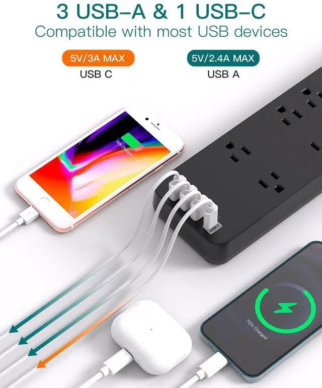 Alt view image 10 of 14 - Power Strip - Surge Protector with 10 Outlets and 4 USB Ports, 6 Feet Extension Cord with Flat Plug, 2700 Joules, ETL Listed, Black
