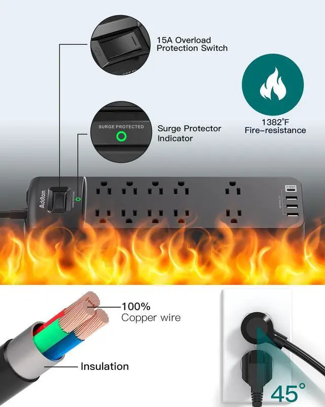 Alt view image 13 of 14 - Power Strip - Surge Protector with 10 Outlets and 4 USB Ports, 6 Feet Extension Cord with Flat Plug, 2700 Joules, ETL Listed, Black
