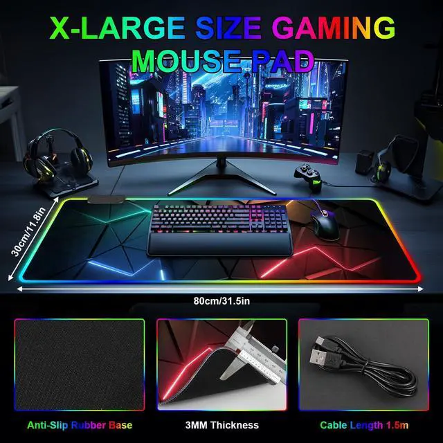 Alt view image 11 of 14 - RGB Mouse Pad Desk Pad, Large Gaming Mousepad with LED Light 13 Light Modes Touch Control Extended Soft Computer Keyboard Mat Pad, Desk Mat with Non-Slip Rubber Base for MacBook & Laptop(31.5X11.8)