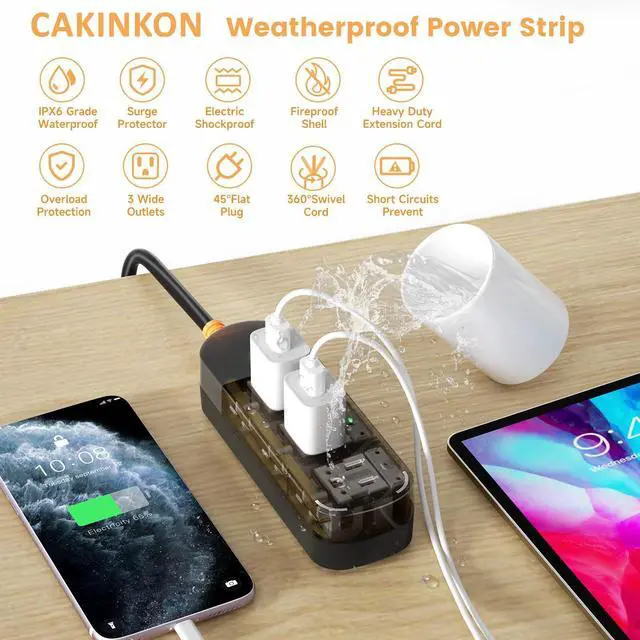 Alt view image 10 of 14 - Outdoor Power Strip Weatherproof 6 FT Outdoor Extension Cord Waterproof Surge Protector Power Strip, 3 AC Outlets, 1625W - for Camping, Home, Office, Garden, Dorm, FCC UL Listed