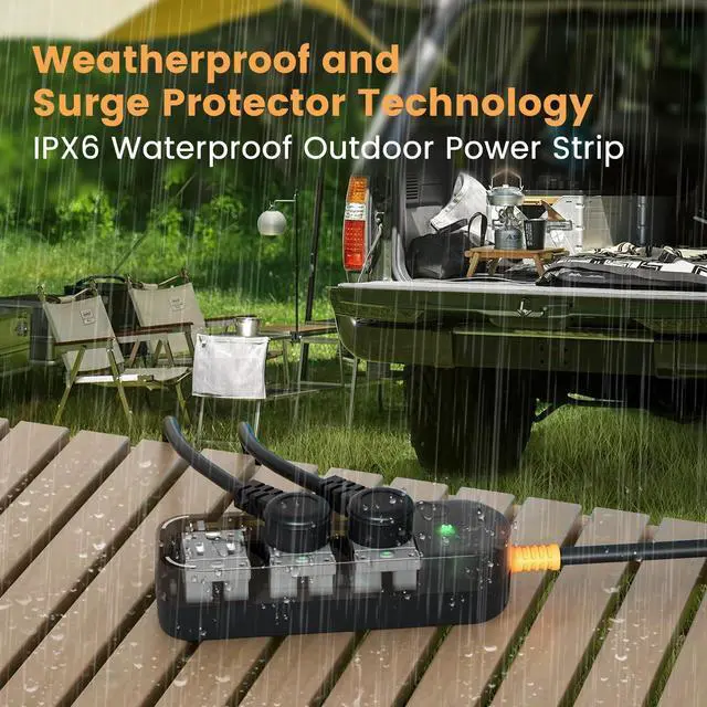 Alt view image 9 of 14 - Outdoor Power Strip Weatherproof 6 FT Outdoor Extension Cord Waterproof Surge Protector Power Strip, 3 AC Outlets, 1625W - for Camping, Home, Office, Garden, Dorm, FCC UL Listed