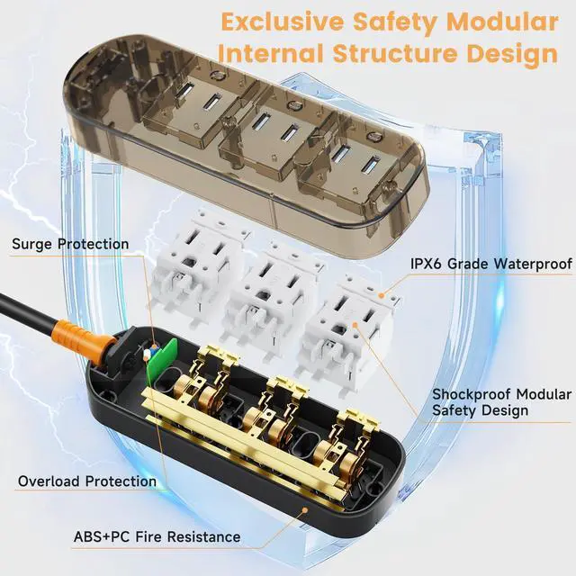 Alt view image 13 of 14 - Outdoor Power Strip Weatherproof 6 FT Outdoor Extension Cord Waterproof Surge Protector Power Strip, 3 AC Outlets, 1625W - for Camping, Home, Office, Garden, Dorm, FCC UL Listed
