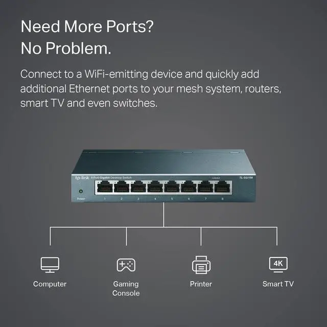 Alt view image 12 of 14 - 8 Port Gigabit Ethernet Network Switch - Ethernet Splitter | Plug & Play | Fanless | Sturdy Metal w/ Shielded Ports | Traffic Optimization | Unmanaged | Lifetime Protection (TL-SG108)