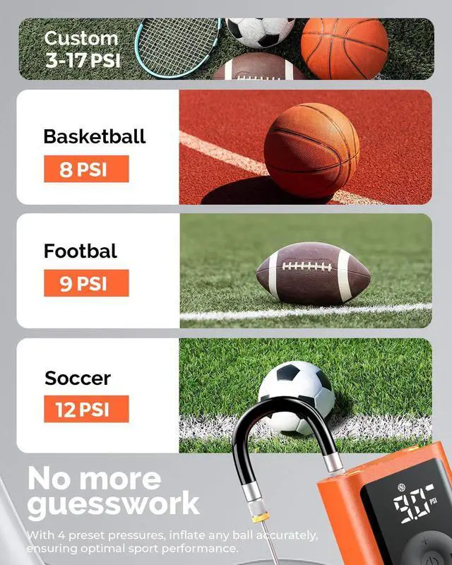 Alt view image 11 of 14 - P300 Plus Ball Pump, Electric Basketball Pump Inflation and Deflation, with 3200 mAh Rechargeable Battery, Air Pump for All Sports Balls, Vivid Orange