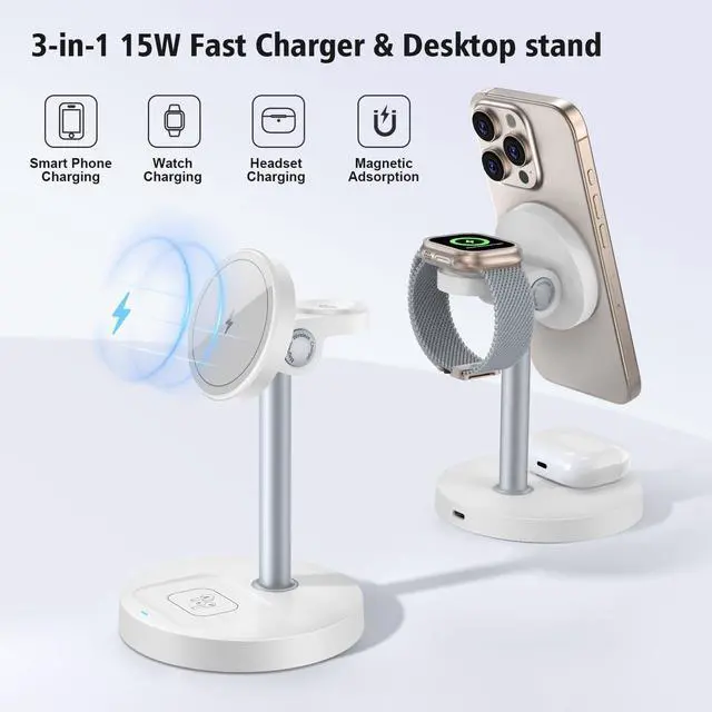 Alt view image 9 of 14 - 3 in 1 Magnetic Wireless Charging Station, 15W Fast Charger Stand for iPhone, Phone Charger Stand for Desk Nightstand, Compatible with iPhone 17/16/15/14, Apple Watch & AirPods, Adapter Not Included