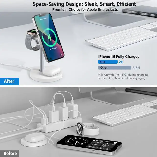 Alt view image 10 of 14 - 3 in 1 Magnetic Wireless Charging Station, 15W Fast Charger Stand for iPhone, Phone Charger Stand for Desk Nightstand, Compatible with iPhone 17/16/15/14, Apple Watch & AirPods, Adapter Not Included