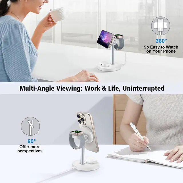 Alt view image 11 of 14 - 3 in 1 Magnetic Wireless Charging Station, 15W Fast Charger Stand for iPhone, Phone Charger Stand for Desk Nightstand, Compatible with iPhone 17/16/15/14, Apple Watch & AirPods, Adapter Not Included