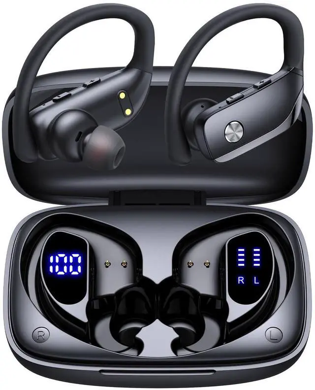 Alt view image 7 of 12 - Wireless Earbuds Bluetooth Headphones Over Ear Hooks Ear Buds with 80H Playtime, LED Power Display, Dual Mic Clear Calls, Sports Wireless Ear Buds Bluetooth Earbuds for Running Gym Workout Black