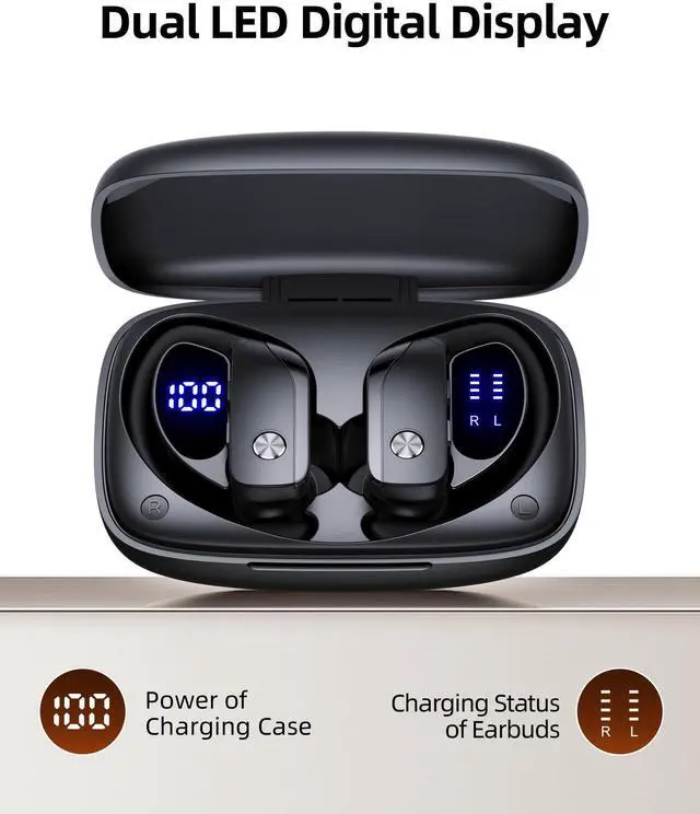 Alt view image 9 of 12 - Wireless Earbuds Bluetooth Headphones Over Ear Hooks Ear Buds with 80H Playtime, LED Power Display, Dual Mic Clear Calls, Sports Wireless Ear Buds Bluetooth Earbuds for Running Gym Workout Black