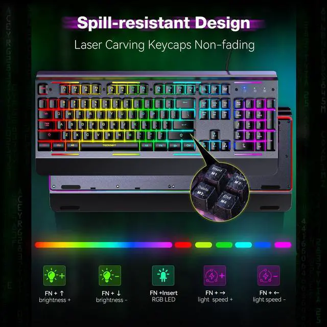 Alt view image 13 of 14 - Gaming Keyboard, USB Wired Computer Keyboard, 15-Zone RGB Illumination, IP32 Water Resistance, 25 Anti-ghosting Keys, All-Metal Panel (Whisper Quiet Gaming Switch)