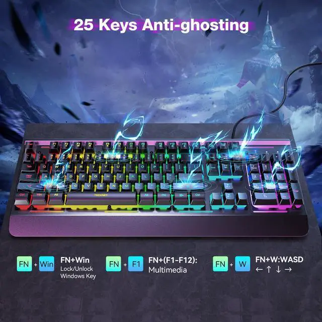 Alt view image 14 of 14 - Gaming Keyboard, USB Wired Computer Keyboard, 15-Zone RGB Illumination, IP32 Water Resistance, 25 Anti-ghosting Keys, All-Metal Panel (Whisper Quiet Gaming Switch)