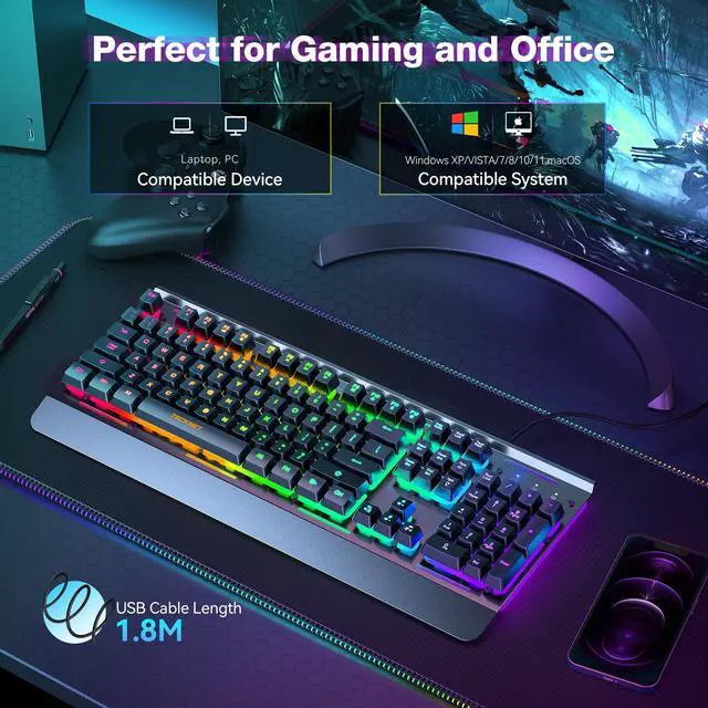 Alt view image 12 of 14 - Gaming Keyboard, USB Wired Computer Keyboard, 15-Zone RGB Illumination, IP32 Water Resistance, 25 Anti-ghosting Keys, All-Metal Panel (Whisper Quiet Gaming Switch)