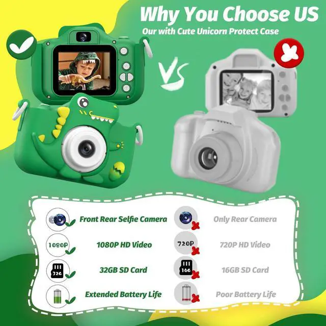 Alt view image 11 of 14 - Upgrade Dinosaur Kids Camera, Christmas Birthday Gifts for Girls Boys 3-12, 1080P HD Selfie Digital Video Camera for Toddlers, Cute Portable Little Girls Boys Gifts Toys for 3 4 5 6 7 8 9 Years Old