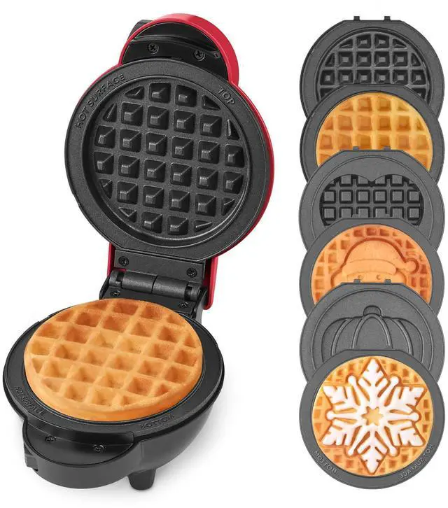 Alt view image 8 of 14 - Holiday MultiMaker Mini System - Includes Seasonal Snowflake, Pumpkin, Heart, Santa, and Classic Waffle Plates - Red, Six 4-Inch Removable Plates