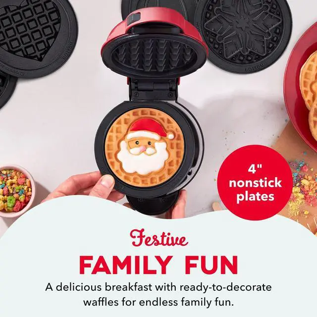 Alt view image 10 of 14 - Holiday MultiMaker Mini System - Includes Seasonal Snowflake, Pumpkin, Heart, Santa, and Classic Waffle Plates - Red, Six 4-Inch Removable Plates