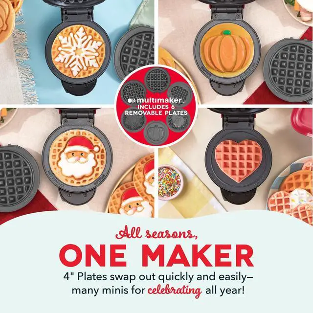 Alt view image 9 of 14 - Holiday MultiMaker Mini System - Includes Seasonal Snowflake, Pumpkin, Heart, Santa, and Classic Waffle Plates - Red, Six 4-Inch Removable Plates