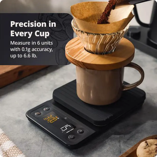 Alt view image 10 of 14 - Coffee Scale with Timer 0.1g Precision Digital Coffee & Espresso Scale for Pour-Over, Coffee Bean Weighing, Barista Brewing, Waterproof Cover, 3kg Capacity (Onyx Black)