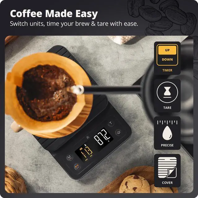 Alt view image 9 of 14 - Coffee Scale with Timer 0.1g Precision Digital Coffee & Espresso Scale for Pour-Over, Coffee Bean Weighing, Barista Brewing, Waterproof Cover, 3kg Capacity (Onyx Black)