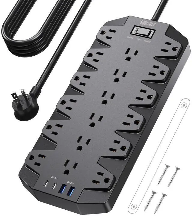 Alt view image 8 of 14 - Power Strips with Surge Protection 10 FT, SUPERDANNY 18 AC Outlets and 4 USB Ports, Flat Plug Heavy Duty Extension Cord, 1875W/15A, 2100 Joules for Home, Office, Dorm, Black