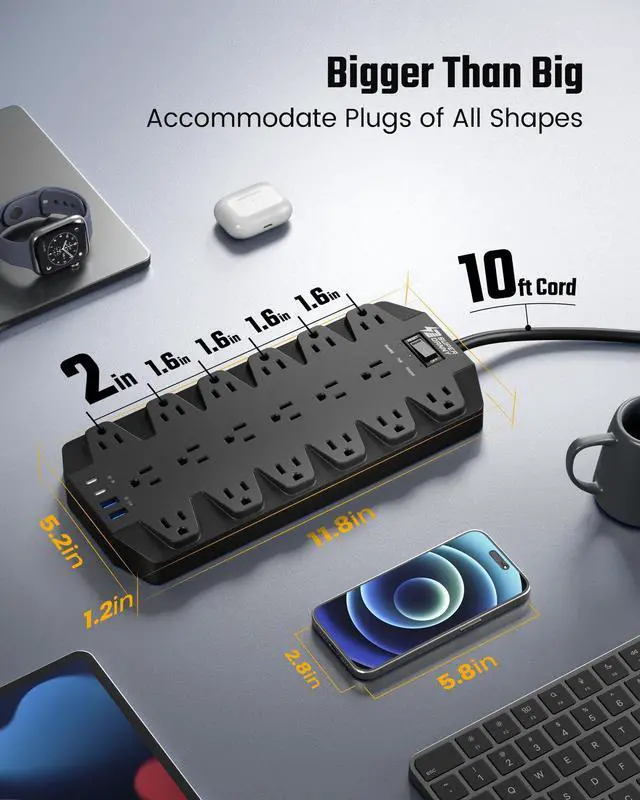 Alt view image 10 of 14 - Power Strips with Surge Protection 10 FT, SUPERDANNY 18 AC Outlets and 4 USB Ports, Flat Plug Heavy Duty Extension Cord, 1875W/15A, 2100 Joules for Home, Office, Dorm, Black