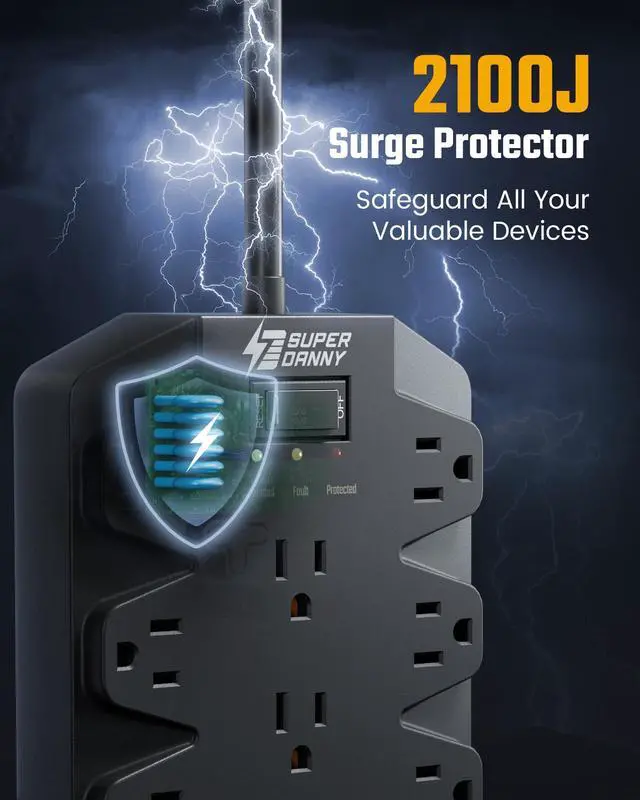 Alt view image 12 of 14 - Power Strips with Surge Protection 10 FT, SUPERDANNY 18 AC Outlets and 4 USB Ports, Flat Plug Heavy Duty Extension Cord, 1875W/15A, 2100 Joules for Home, Office, Dorm, Black