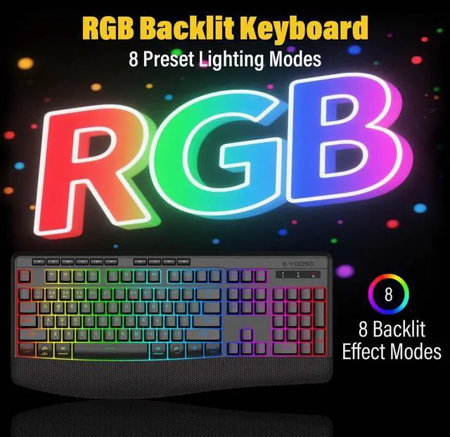 Alt view image 9 of 14 - Wireless Bluethooth Silent Backlit Gaming Keyboard,Tri-Mode BT5.0/2.4GHz/Wired,8 RGB Light up,Ergonomic,USB C Rechargeable,for Typing/Office/Home/PC Computer/Mac/Laptop/IPad/Xbox/PS5