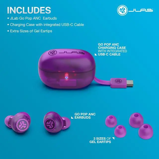 Alt view image 14 of 14 - Go Pop ANC True Wireless Earbuds & Charging Case, Transparent Purple, Active Noise Cancelling, 10mm Drivers, Dual Connect, Customize Your Sound with App, Be Aware Mode, MEMS Microphone