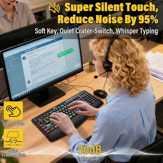 Alt view image 10 of 14 - Wireless Bluethooth Silent Backlit Gaming Keyboard,Tri-Mode BT5.0/2.4GHz/Wired,8 RGB Light up,Ergonomic,USB C Rechargeable,for Typing/Office/Home/PC Computer/Mac/Laptop/IPad/Xbox/PS5