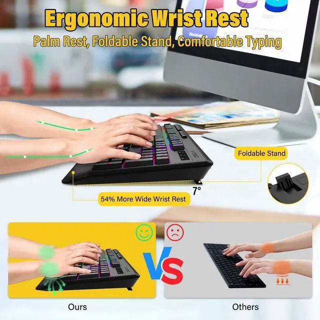 Alt view image 11 of 14 - Wireless Bluethooth Silent Backlit Gaming Keyboard,Tri-Mode BT5.0/2.4GHz/Wired,8 RGB Light up,Ergonomic,USB C Rechargeable,for Typing/Office/Home/PC Computer/Mac/Laptop/IPad/Xbox/PS5