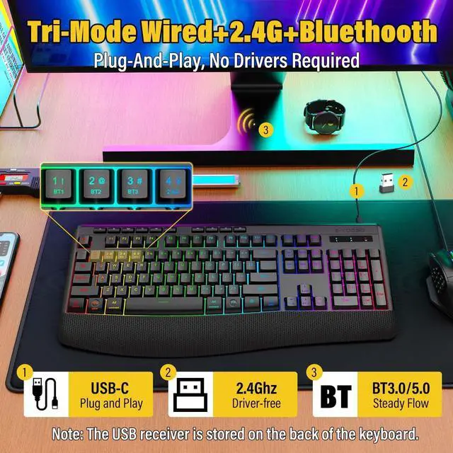 Alt view image 12 of 14 - Wireless Bluethooth Silent Backlit Gaming Keyboard,Tri-Mode BT5.0/2.4GHz/Wired,8 RGB Light up,Ergonomic,USB C Rechargeable,for Typing/Office/Home/PC Computer/Mac/Laptop/IPad/Xbox/PS5
