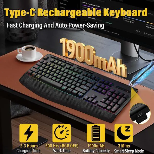 Alt view image 13 of 14 - Wireless Bluethooth Silent Backlit Gaming Keyboard,Tri-Mode BT5.0/2.4GHz/Wired,8 RGB Light up,Ergonomic,USB C Rechargeable,for Typing/Office/Home/PC Computer/Mac/Laptop/IPad/Xbox/PS5