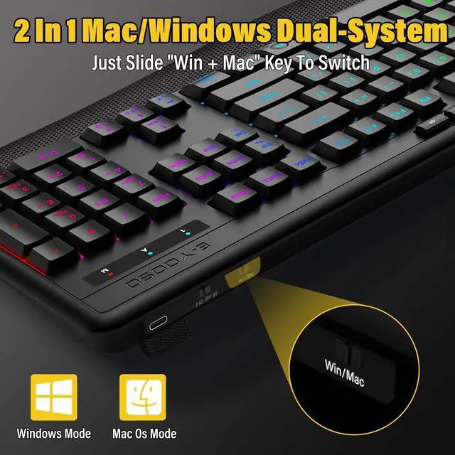 Alt view image 14 of 14 - Wireless Bluethooth Silent Backlit Gaming Keyboard,Tri-Mode BT5.0/2.4GHz/Wired,8 RGB Light up,Ergonomic,USB C Rechargeable,for Typing/Office/Home/PC Computer/Mac/Laptop/IPad/Xbox/PS5