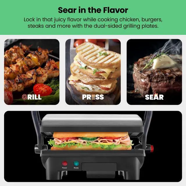 Alt view image 11 of 14 - Electric Panini Press Grill, Compact 2-Slice Sandwich Maker, Non-Stick Coated Plates, Opens 180 Degrees, Dishwasher Safe, Removable Drip Tray, Stainless Steel/Black