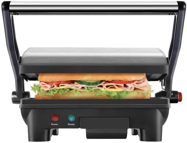 Alt view image 8 of 14 - Electric Panini Press Grill, Compact 2-Slice Sandwich Maker, Non-Stick Coated Plates, Opens 180 Degrees, Dishwasher Safe, Removable Drip Tray, Stainless Steel/Black